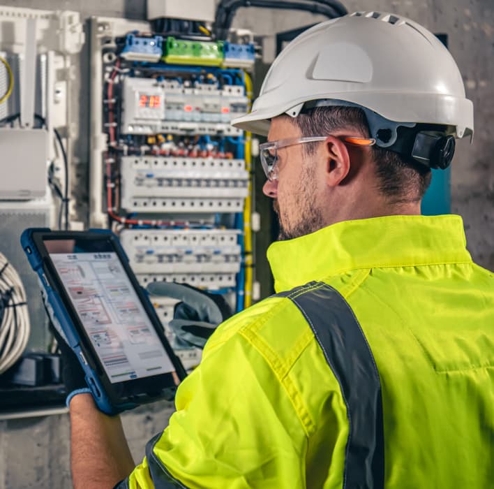 Expert electrician holding a tablet fixing electrical connection in home in Liverpool.